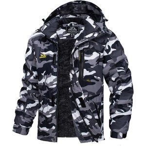 Men's Black Camo Water Resistant Fleece Windproof Warm Jacket With Multi-Pockets